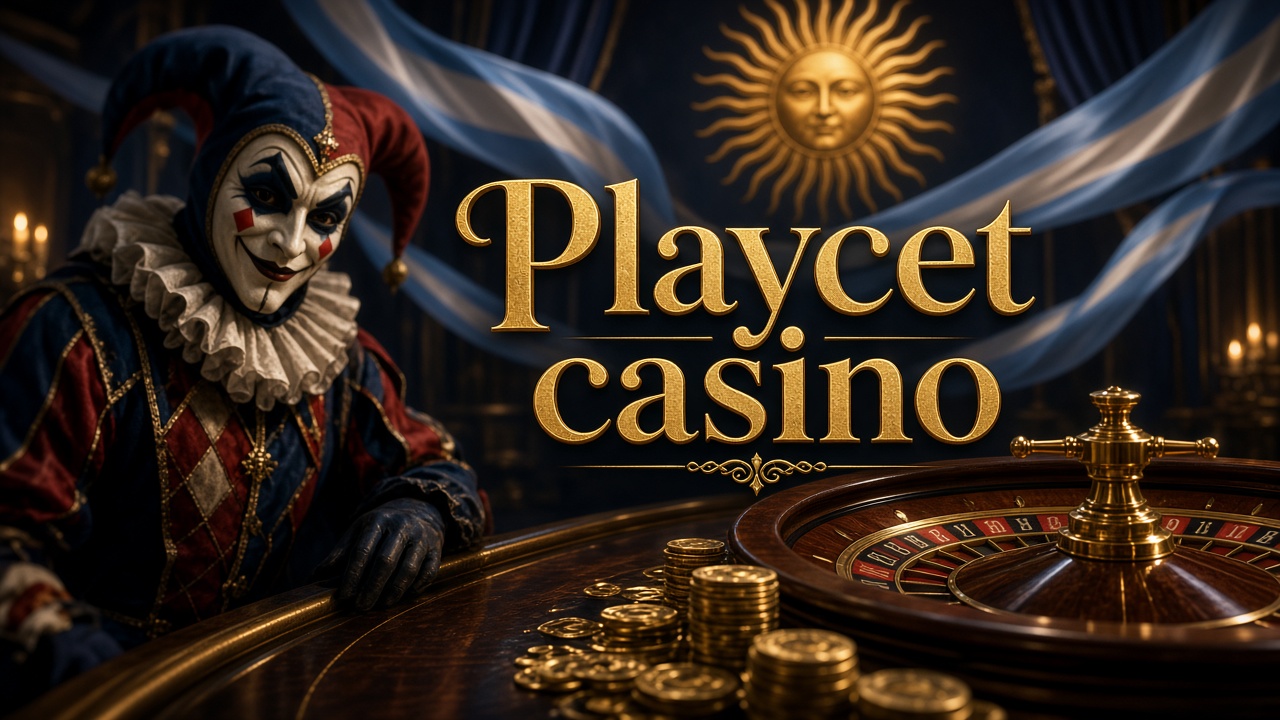 Salón de casino con un comodín, ruleta y la frase Playcet casino
